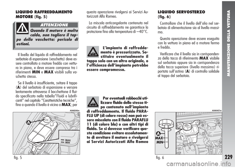 Alfa Romeo 147 2006 Libretto Uso Manutenzione (in Italian) MANUTENZIONE DELLA VETTURA
229
LIQUIDO SERVOSTERZO
(fig. 6)
Controllare che il livello dell’olio nel ser-
batoio di alimentazione sia al livello massi-
mo.
Questa operazione deve essere eseguita
co Alfa Romeo 147 2006 Libretto Uso Manutenzione (in Italian) MANUTENZIONE DELLA VETTURA
229
LIQUIDO SERVOSTERZO
(fig. 6)
Controllare che il livello dell’olio nel ser-
batoio di alimentazione sia al livello massi-
mo.
Questa operazione deve essere eseguita
co