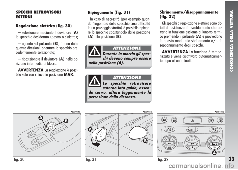 Alfa Romeo 147 2006  Libretto Uso Manutenzione (in Italian) CONOSCENZA DELLA VETTURA
23
Ripiegamento(fig. 31)
In caso di necessità (per esempio quan-
do l’ingombro dello specchio crea difficoltà
in un passaggio stretto) è possibile ripiega-
re lo specchio