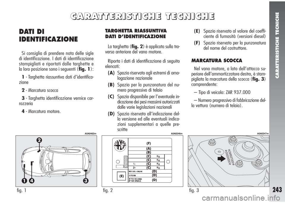 Alfa Romeo 147 2006 Libretto Uso Manutenzione (in Italian) CARATTERISTICHE TECNICHE
243
TARGHETTA RIASSUNTIVA
DATI D’IDENTIFICAZIONE
La targhetta (fig. 2) è applicata sulla tra-
versa anteriore del vano motore.
Riporta i dati di identificazione di seguito Alfa Romeo 147 2006 Libretto Uso Manutenzione (in Italian) CARATTERISTICHE TECNICHE
243
TARGHETTA RIASSUNTIVA
DATI D’IDENTIFICAZIONE
La targhetta (fig. 2) è applicata sulla tra-
versa anteriore del vano motore.
Riporta i dati di identificazione di seguito
