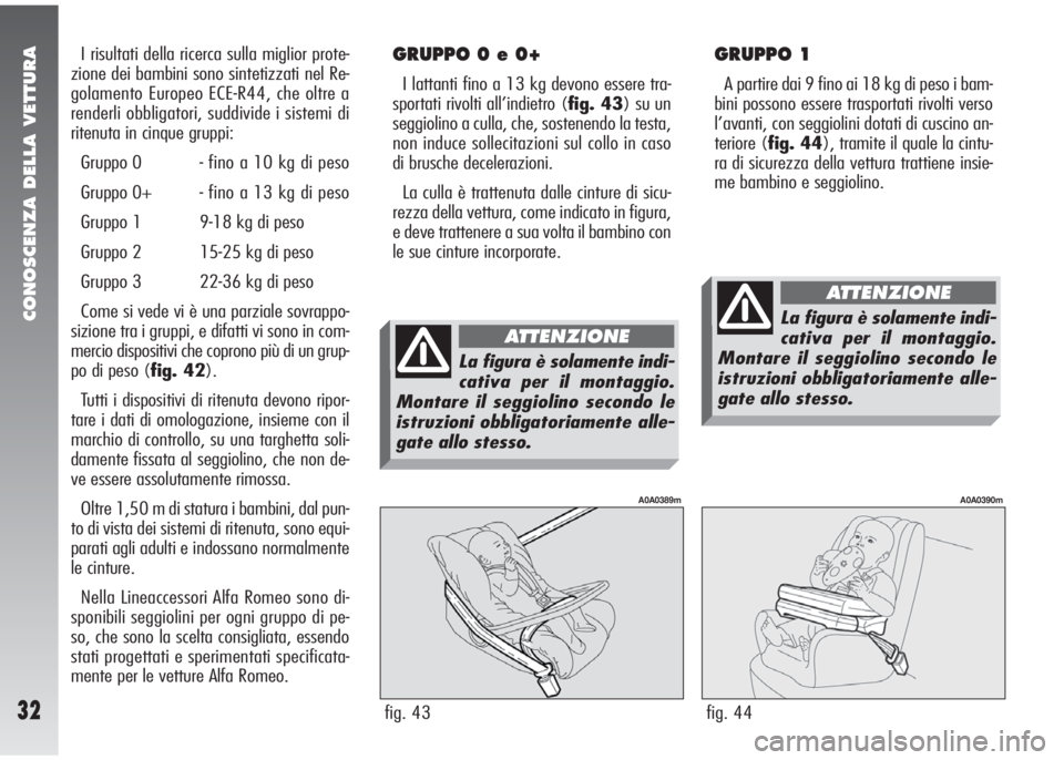Alfa Romeo 147 2005  Libretto Uso Manutenzione (in Italian) CONOSCENZA DELLA VETTURA
32
I risultati della ricerca sulla miglior prote-
zione dei bambini sono sintetizzati nel Re-
golamento Europeo ECE-R44, che oltre a
renderli obbligatori, suddivide i sistemi 