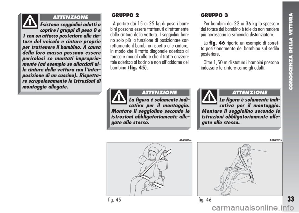 Alfa Romeo 147 2006  Libretto Uso Manutenzione (in Italian) CONOSCENZA DELLA VETTURA
33
GRUPPO 2
A partire dai 15 ai 25 kg di peso i bam-
bini possono essere trattenuti direttamente
dalle cinture della vettura. I seggiolini han-
no solo più la funzione di pos