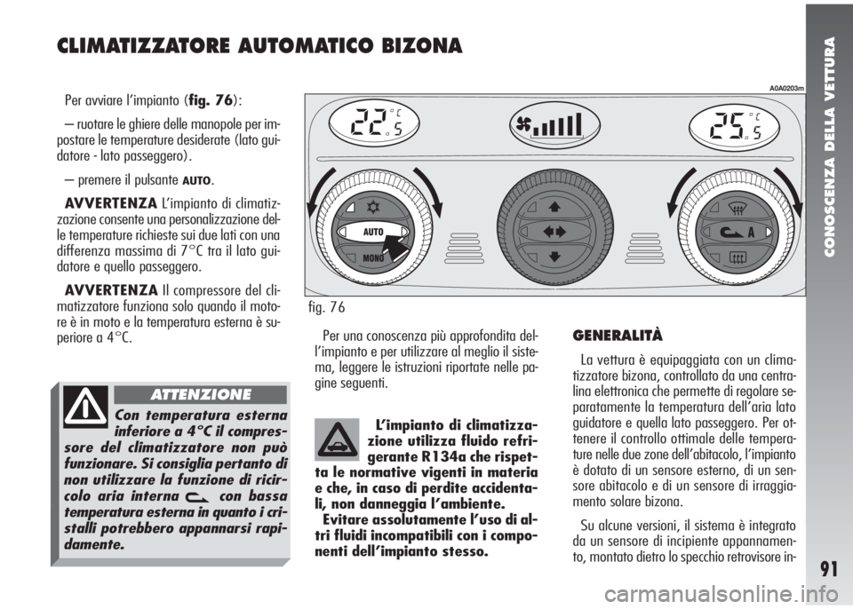 Alfa Romeo 147 2006  Libretto Uso Manutenzione (in Italian) CONOSCENZA DELLA VETTURA
91
CLIMATIZZATORE AUTOMATICO BIZONA
Per avviare l’impianto (fig. 76):
– ruotare le ghiere delle manopole per im-
postare le temperature desiderate (lato gui-
datore - lato