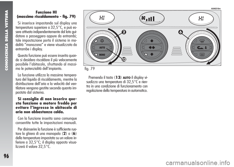 Alfa Romeo 147 2005  Libretto Uso Manutenzione (in Italian) CONOSCENZA DELLA VETTURA
96
Funzione HI
(massimo riscaldamento - fig. 79)
Si inserisce impostando sul display una
temperatura superiore a 32,5°C, e può es-
sere attivata indipendentemente dal lato g