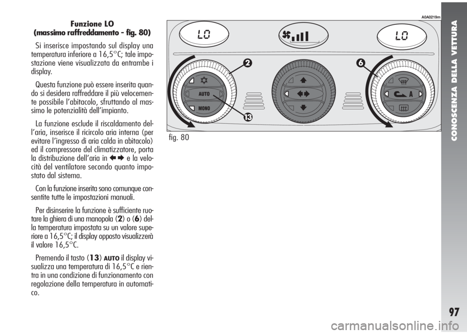Alfa Romeo 147 2005  Libretto Uso Manutenzione (in Italian) CONOSCENZA DELLA VETTURA
97
Funzione LO
(massimo raffreddamento - fig. 80)
Si inserisce impostando sul display una
temperatura inferiore a 16,5°C; tale impo-
stazione viene visualizzata da entrambe i