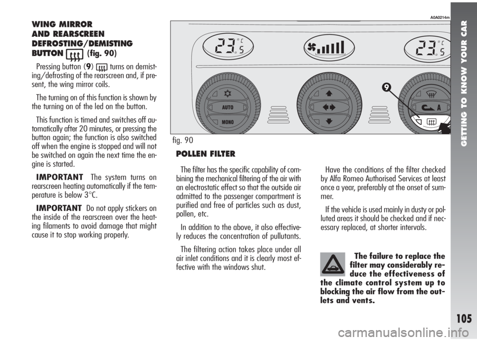 Alfa Romeo 147 2005  Owner handbook (in English) GETTING TO KNOW YOUR CAR
105
WING MIRROR 
AND REARSCREEN
DEFROSTING/DEMISTING
BUTTON
((fig. 90)
Pressing button (9)
(turns on demist-
ing/defrosting of the rearscreen and, if pre-
sent, the wing mirro