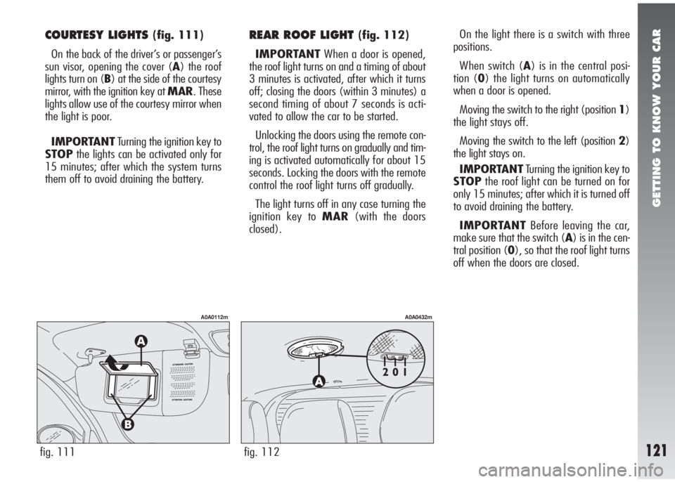 Alfa Romeo 147 2005  Owner handbook (in English) GETTING TO KNOW YOUR CAR
121fig. 111
A0A0112m
fig. 112
A0A0432m
COURTESY LIGHTS (fig. 111)
On the back of the driver’s or passenger’s
sun visor, opening the cover (A) the roof
lights turn on (B) a