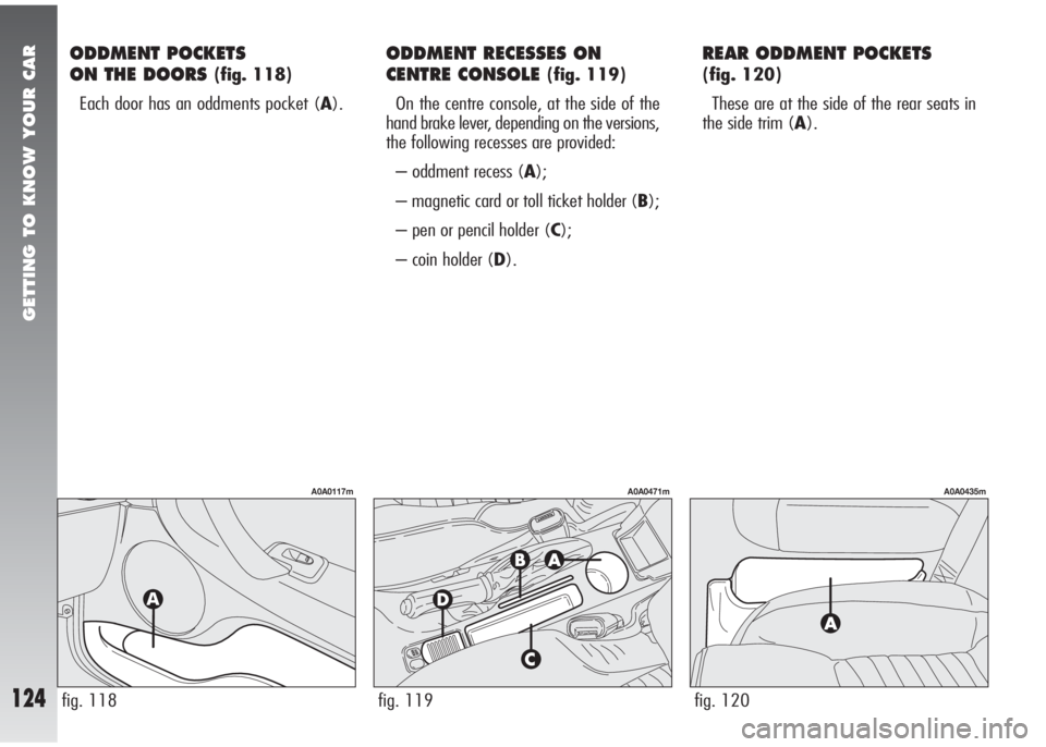 Alfa Romeo 147 2005 Owner handbook (in English) GETTING TO KNOW YOUR CAR
124
ODDMENT POCKETS
ON THE DOORS
(fig. 118)
Each door has an oddments pocket (A).
ODDMENT RECESSES ON
CENTRE CONSOLE
(fig. 119)
On the centre console, at the side of the
han Alfa Romeo 147 2005 Owner handbook (in English) GETTING TO KNOW YOUR CAR
124
ODDMENT POCKETS
ON THE DOORS
(fig. 118)
Each door has an oddments pocket (A).
ODDMENT RECESSES ON
CENTRE CONSOLE
(fig. 119)
On the centre console, at the side of the
han