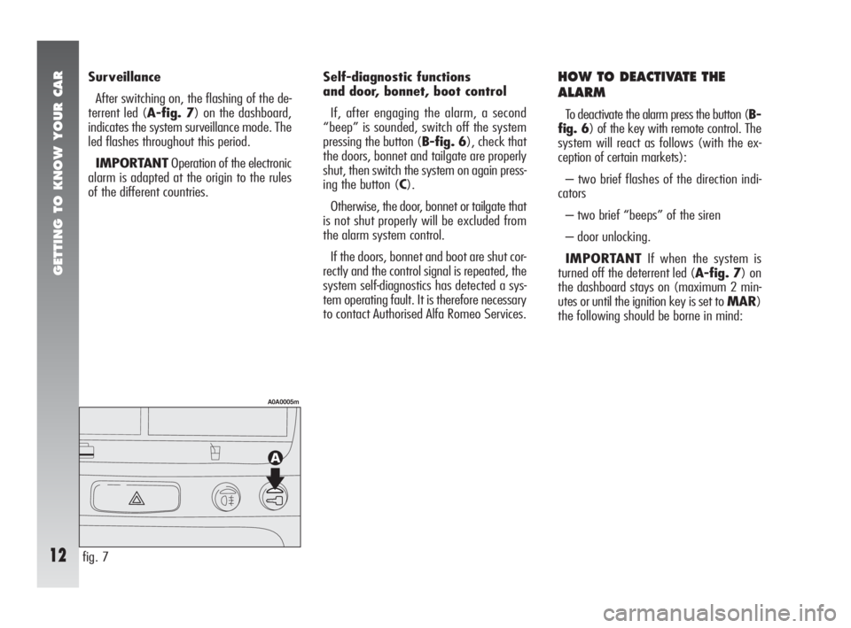 Alfa Romeo 147 2008  Owner handbook (in English) GETTING TO KNOW YOUR CAR
12
Surveillance
After switching on, the flashing of the de-
terrent led (A-fig. 7) on the dashboard,
indicates the system surveillance mode. The
led flashes throughout this pe