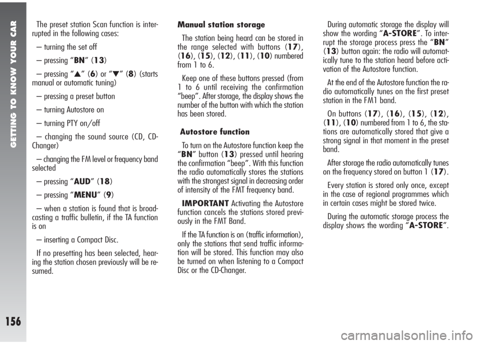 Alfa Romeo 147 2005 Owner handbook (in English) GETTING TO KNOW YOUR CAR
156
The preset station Scan function is inter-
rupted in the following cases:
– turning the set off
– pressing “BN” (13)
– pressing “
▲” (6) or “▼” (8) Alfa Romeo 147 2005 Owner handbook (in English) GETTING TO KNOW YOUR CAR
156
The preset station Scan function is inter-
rupted in the following cases:
– turning the set off
– pressing “BN” (13)
– pressing “
▲” (6) or “▼” (8)