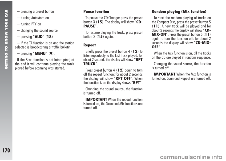 Alfa Romeo 147 2006 Owner handbook (in English) GETTING TO KNOW YOUR CAR
170
– pressing a preset button
– turning Autostore on
– turning PTY on
– changing the sound source
– pressing “AUD” (18)
– If the TA function is on and the st Alfa Romeo 147 2006 Owner handbook (in English) GETTING TO KNOW YOUR CAR
170
– pressing a preset button
– turning Autostore on
– turning PTY on
– changing the sound source
– pressing “AUD” (18)
– If the TA function is on and the st
