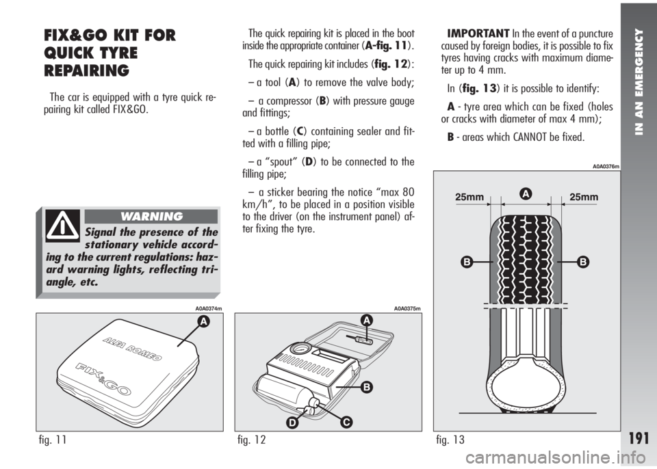 Alfa Romeo 147 2005  Owner handbook (in English) IN AN EMERGENCY
191
FIX&GO KIT FOR
QUICK TYRE
REPAIRING 
The car is equipped with a tyre quick re-
pairing kit called FIX&GO.
fig. 11
A0A0374m
fig. 12
A0A0375m
fig. 13
A0A0376m
The quick repairing kit