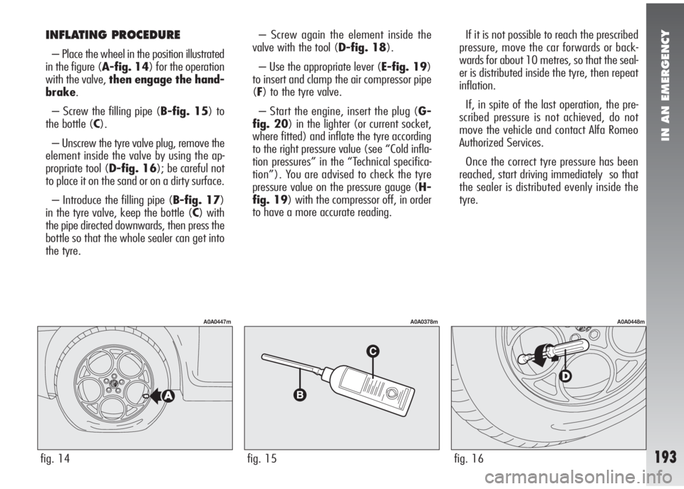 Alfa Romeo 147 2010  Owner handbook (in English) IN AN EMERGENCY
193
INFLATING PROCEDURE
– Place the wheel in the position illustrated
in the figure (A-fig. 14) for the operation
with the valve, then engage the hand-
brake.
– Screw the filling p