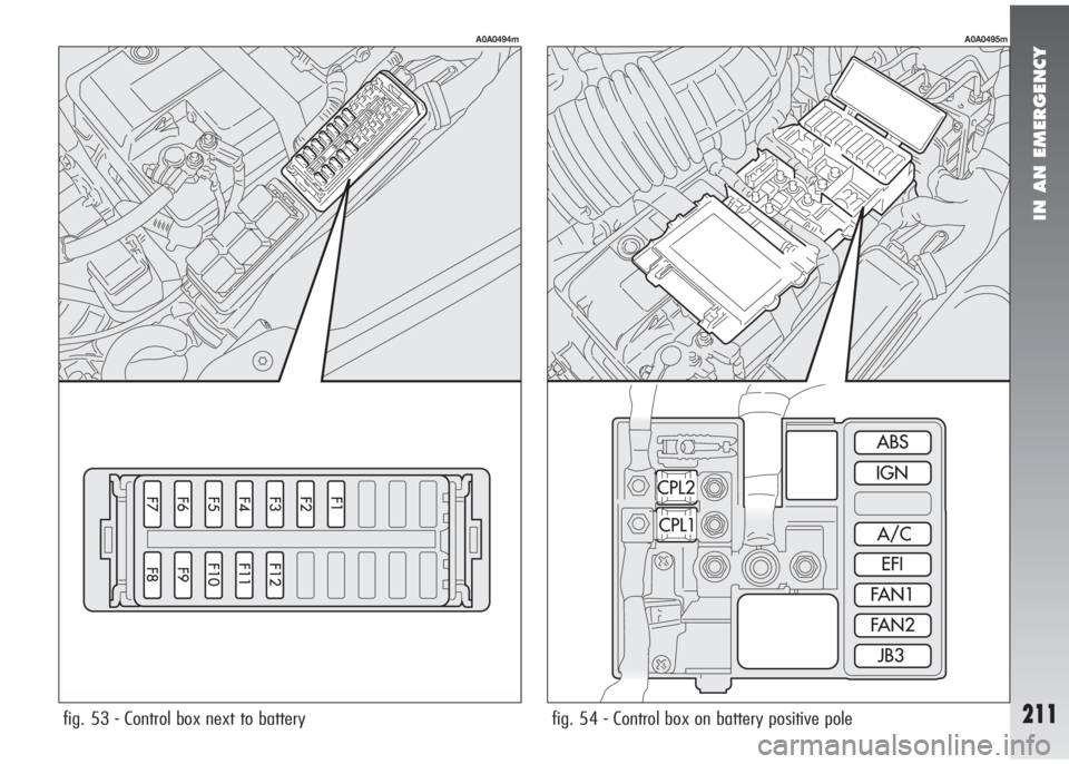 Alfa Romeo 147 2007 Owner handbook (in English) IN AN EMERGENCY
211fig. 53 - Control box next to battery fig. 54 - Control box on battery positive pole
A0A0494mA0A0495m Alfa Romeo 147 2007 Owner handbook (in English) IN AN EMERGENCY
211fig. 53 - Control box next to battery fig. 54 - Control box on battery positive pole
A0A0494mA0A0495m