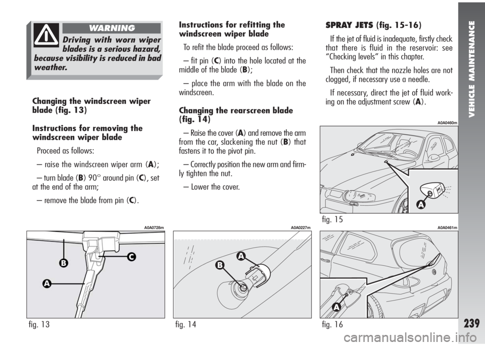 Alfa Romeo 147 2005  Owner handbook (in English) VEHICLE MAINTENANCE
239
Changing the windscreen wiper
blade(fig. 13)
Instructions for removing the
windscreen wiper blade
Proceed as follows:
– raise the windscreen wiper arm (A);
– turn blade (B)