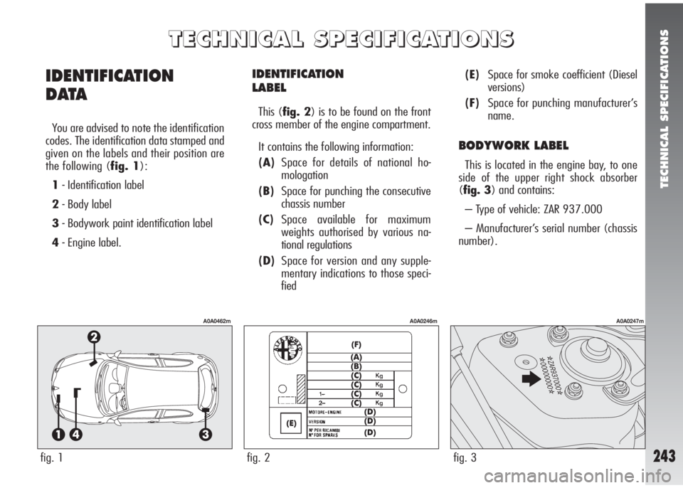 Alfa Romeo 147 2005  Owner handbook (in English) TECHNICAL SPECIFICATIONS
243
IDENTIFICATION 
LABEL
This (fig. 2) is to be found on the front
cross member of the engine compartment.
It contains the following information:
(A)Space for details of nati