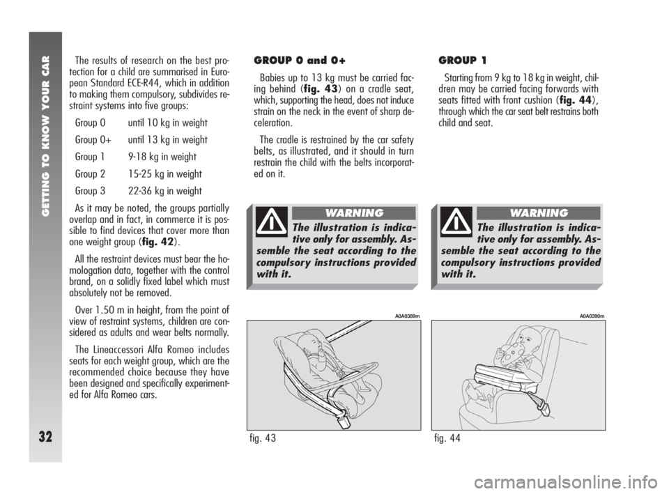 Alfa Romeo 147 2010  Owner handbook (in English) GETTING TO KNOW YOUR CAR
32
GROUP 1
Starting from 9 kg to 18 kg in weight, chil-
dren may be carried facing forwards with
seats fitted with front cushion (fig. 44),
through which the car seat belt res