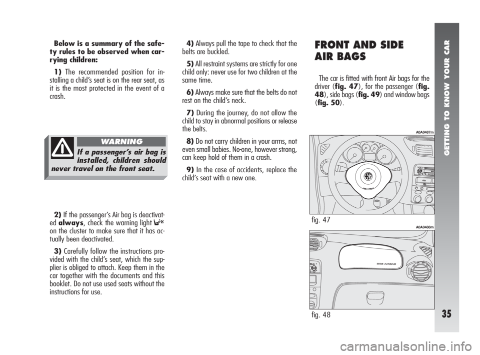 Alfa Romeo 147 2007  Owner handbook (in English) GETTING TO KNOW YOUR CAR
35
fig. 47
A0A0487m
fig. 48
A0A0488m
Below is a summary of the safe-
ty rules to be observed when car-
rying children:
1)The recommended position for in-
stalling a child’s 