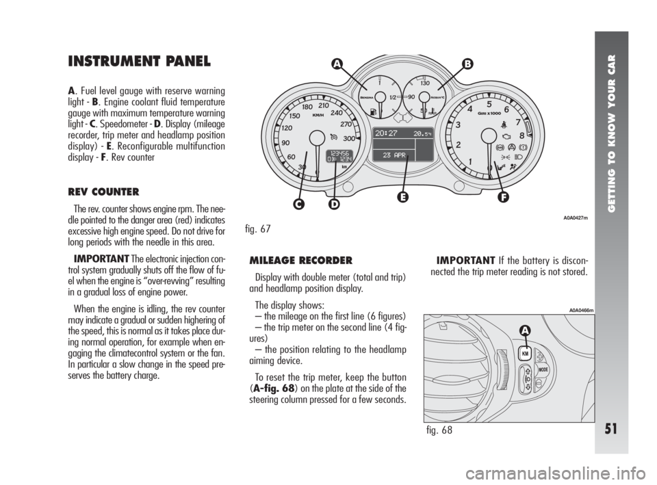 Alfa Romeo 147 2005  Owner handbook (in English) GETTING TO KNOW YOUR CAR
51
MILEAGE RECORDER 
Display with double meter (total and trip)
and headlamp position display.
The display shows:
– the mileage on the first line (6 figures) 
– the trip m