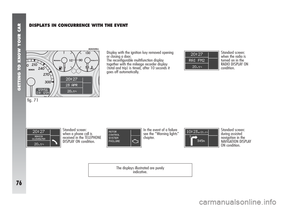 Alfa Romeo 147 2010  Owner handbook (in English) GETTING TO KNOW YOUR CAR
76
DISPLAYS IN CONCURRENCE WITH THE EVENT 
Standard screen:
when the radio is
turned on in the
RADIO DISPLAY ON
condition.
Standard screen:
when a phone call is
received in th