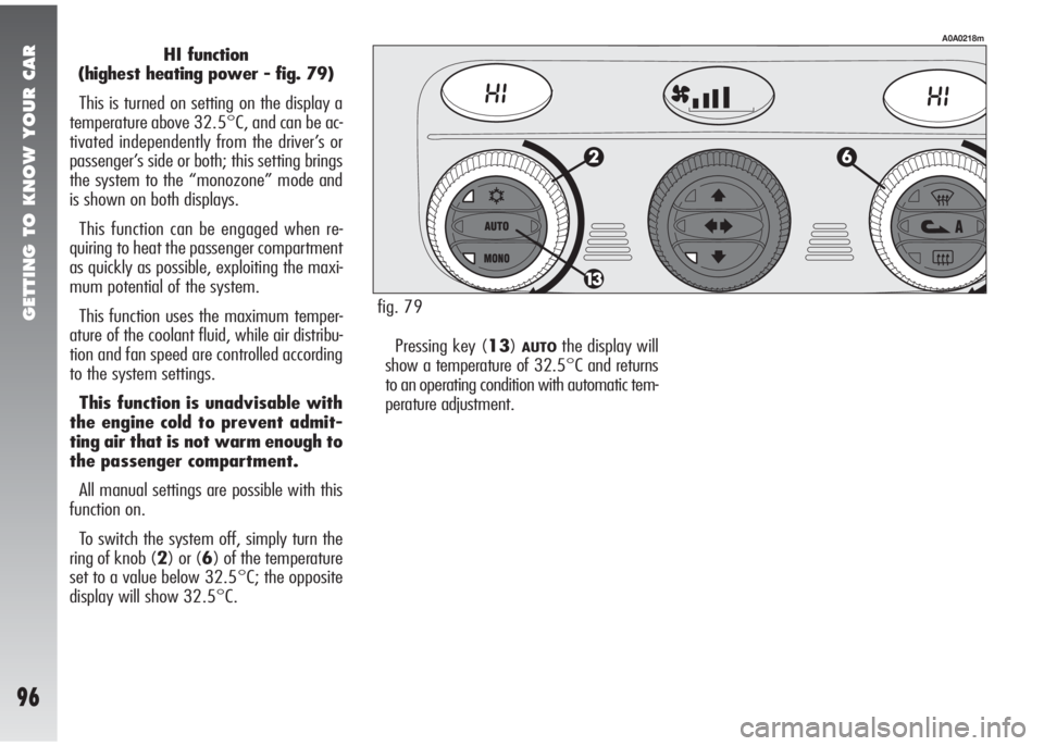 Alfa Romeo 147 2005  Owner handbook (in English) GETTING TO KNOW YOUR CAR
96
HI function 
(highest heating power - fig. 79)
This is turned on setting on the display a
temperature above 32.5°C, and can be ac-
tivated independently from the driver’