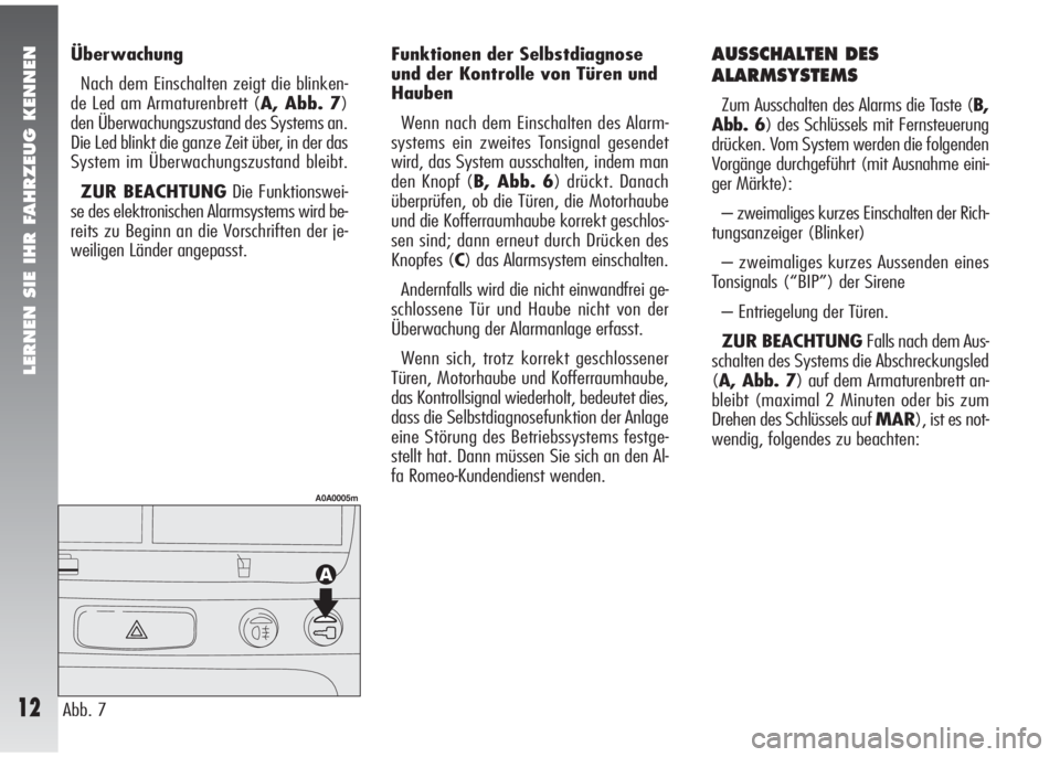 Alfa Romeo 147 2006  Betriebsanleitung (in German) LERNEN SIE IHR FAHRZEUG KENNEN
12
Überwachung
Nach dem Einschalten zeigt die blinken-
de Led am Armaturenbrett (A, Abb. 7)
den Überwachungszustand des Systems an.
Die Led blinkt die ganze Zeit über
