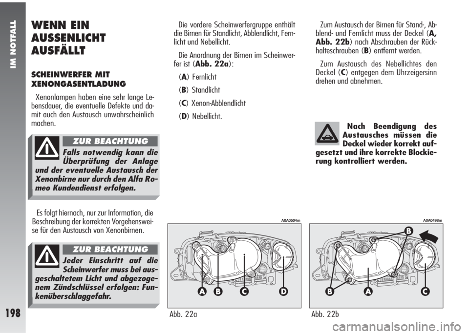 Alfa Romeo 147 2010  Betriebsanleitung (in German) IM NOTFALL
198
Die vordere Scheinwerfergruppe enthält
die Birnen für Standlicht, Abblendlicht, Fern-
licht und Nebellicht.
Die Anordnung der Birnen im Scheinwer-
fer ist (Abb. 22a):
(A) Fernlicht
(B