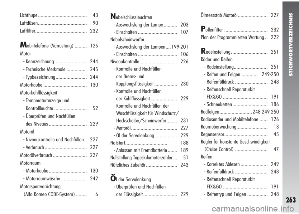 Alfa Romeo 147 2005  Betriebsanleitung (in German) STICHWORTVERZEICHNIS
263
Lichthupe .................................... 43
Luftdüsen.................................... 90
Luftfilter...................................... 232
Mobiltelefone (Vorrüs
