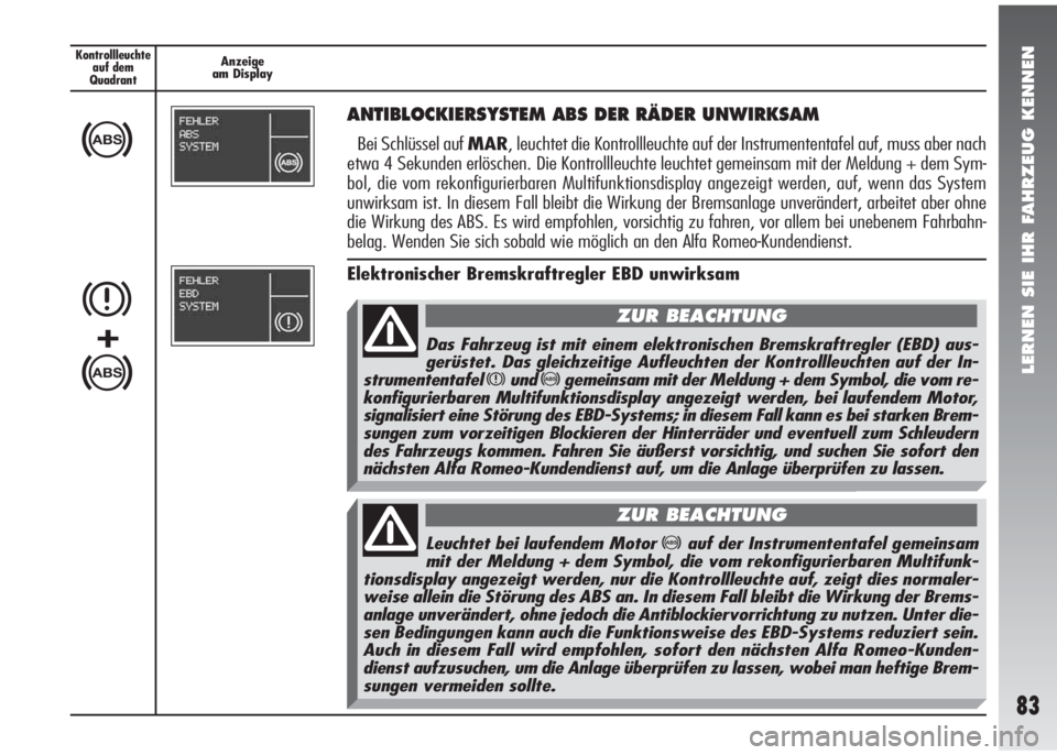 Alfa Romeo 147 2010  Betriebsanleitung (in German) LERNEN SIE IHR FAHRZEUG KENNEN
83
Kontrollleuchte
auf dem 
QuadrantAnzeige
am Display
>
ANTIBLOCKIERSYSTEM ABS DER RÄDER UNWIRKSAM
Bei Schlüssel auf MAR, leuchtet die Kontrollleuchte auf der Instrum