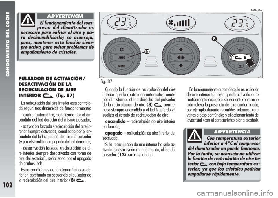 Alfa Romeo 147 2006 Manual de Empleo y Cuidado (in Spanish) CONOCIMIENTO DEL COCHE
102
PULSADOR DE ACTIVACIÓN/
DESACTIVACIÓN DE LA
RECIRCULACIÓN DE AIRE
INTERIOR
v(fig. 87)
La recirculación del aire interior está controla-
da según tres dinámicas de fun Alfa Romeo 147 2006 Manual de Empleo y Cuidado (in Spanish) CONOCIMIENTO DEL COCHE
102
PULSADOR DE ACTIVACIÓN/
DESACTIVACIÓN DE LA
RECIRCULACIÓN DE AIRE
INTERIOR
v(fig. 87)
La recirculación del aire interior está controla-
da según tres dinámicas de fun