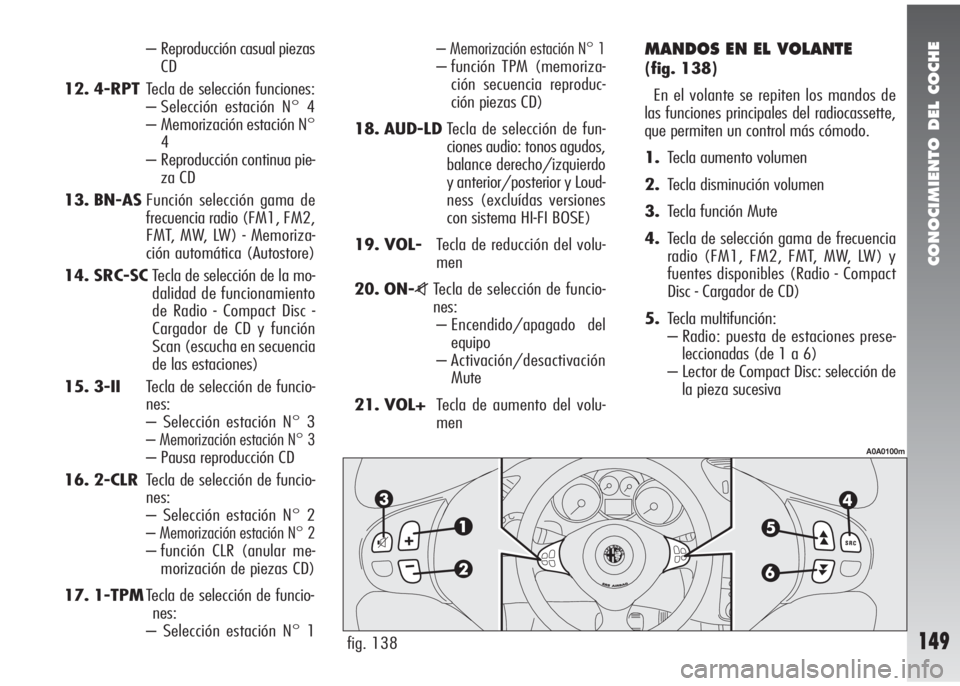 Alfa Romeo 147 2005  Manual de Empleo y Cuidado (in Spanish) CONOCIMIENTO DEL COCHE
149
– Reproducción casual piezas
CD
12. 4-RPTTecla de selección funciones:
– Selección estación N° 4
– Memorización estación N°
4
– Reproducción continua pie-
z