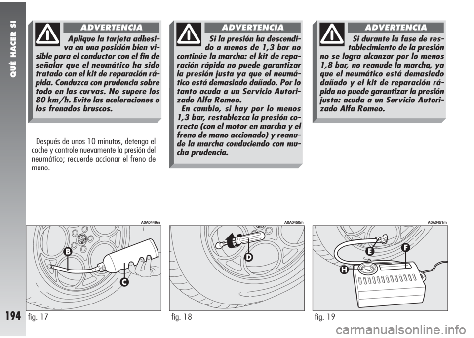 Alfa Romeo 147 2006 Manual de Empleo y Cuidado (in Spanish) QUÉ HACER SI
194
Después de unos 10 minutos, detenga el
coche y controle nuevamente la presión del
neumático; recuerde accionar el freno de
mano.
fig. 17
A0A0449m
fig. 18
A0A0450m
fig. 19
A0A0451m Alfa Romeo 147 2006 Manual de Empleo y Cuidado (in Spanish) QUÉ HACER SI
194
Después de unos 10 minutos, detenga el
coche y controle nuevamente la presión del
neumático; recuerde accionar el freno de
mano.
fig. 17
A0A0449m
fig. 18
A0A0450m
fig. 19
A0A0451m