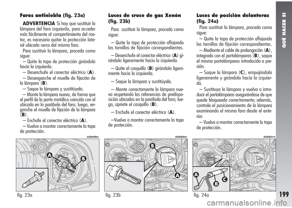 Alfa Romeo 147 2006 Manual de Empleo y Cuidado (in Spanish) QUÉ HACER SI
199
Faros antiniebla(fig. 23a)
ADVERTENCIA Si hay que sustituir la
lámpara del faro izquierdo, para acceder
más fácilmente al compartimiento del mo-
tor, es necesario quitar la protec Alfa Romeo 147 2006 Manual de Empleo y Cuidado (in Spanish) QUÉ HACER SI
199
Faros antiniebla(fig. 23a)
ADVERTENCIA Si hay que sustituir la
lámpara del faro izquierdo, para acceder
más fácilmente al compartimiento del mo-
tor, es necesario quitar la protec