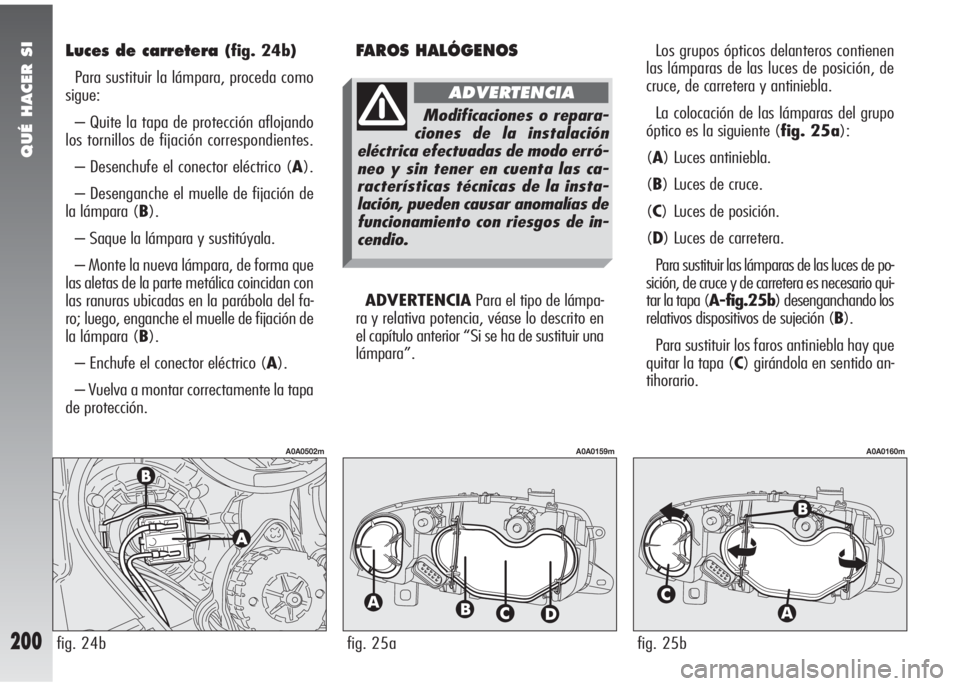 Alfa Romeo 147 2006 Manual de Empleo y Cuidado (in Spanish) QUÉ HACER SI
200
Luces de carretera(fig. 24b)
Para sustituir la lámpara, proceda como
sigue:
– Quite la tapa de protección aflojando
los tornillos de fijación correspondientes.
– Desenchufe el Alfa Romeo 147 2006 Manual de Empleo y Cuidado (in Spanish) QUÉ HACER SI
200
Luces de carretera(fig. 24b)
Para sustituir la lámpara, proceda como
sigue:
– Quite la tapa de protección aflojando
los tornillos de fijación correspondientes.
– Desenchufe el
