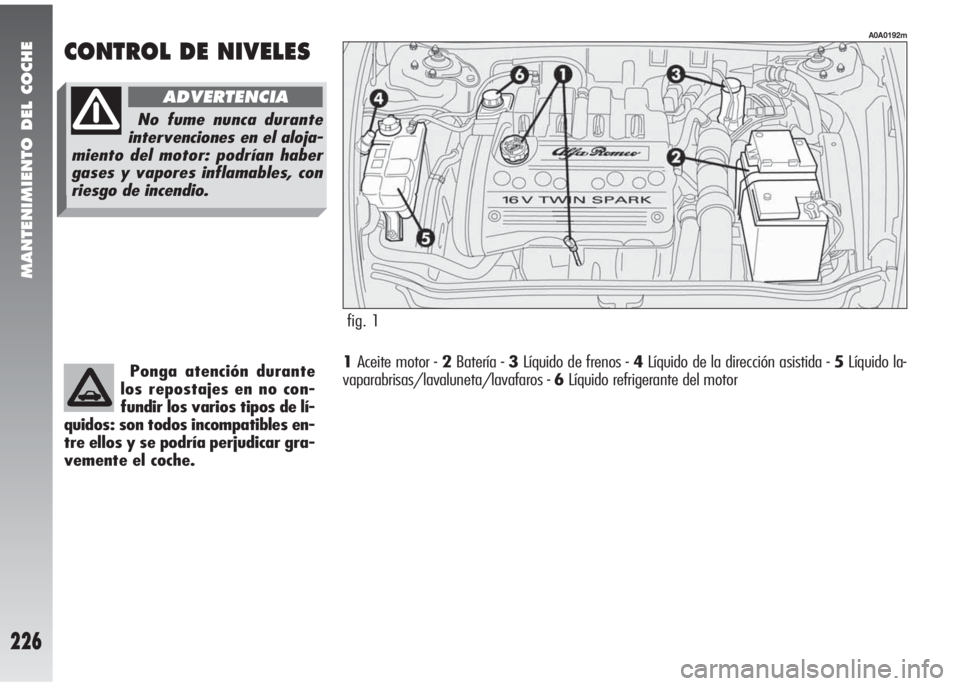 Alfa Romeo 147 2006  Manual de Empleo y Cuidado (in Spanish) MANTENIMIENTO DEL COCHE
226
fig. 1
A0A0192m
CONTROL DE NIVELES
Ponga atención durante
los repostajes en no con-
fundir los varios tipos de lí-
quidos: son todos incompatibles en-
tre ellos y se podr