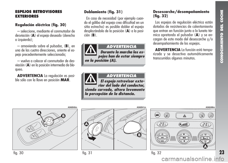 Alfa Romeo 147 2005  Manual de Empleo y Cuidado (in Spanish) CONOCIMIENTO DEL COCHE
23
Doblamiento(fig. 31)
En caso de necesidad (por ejemplo cuan-
do el gálibo del espejo crea dificultad en un
sitio estrecho) es posible doblar el espejo
desplazándolo de la p