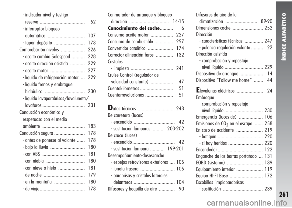 Alfa Romeo 147 2005  Manual de Empleo y Cuidado (in Spanish) ÍNDICE ALFABÉTICO
261
- indicador nivel y testigo 
reserva .................................. 52
- interruptor bloqueo 
automático ............................ 107
- tapón depósito  .............