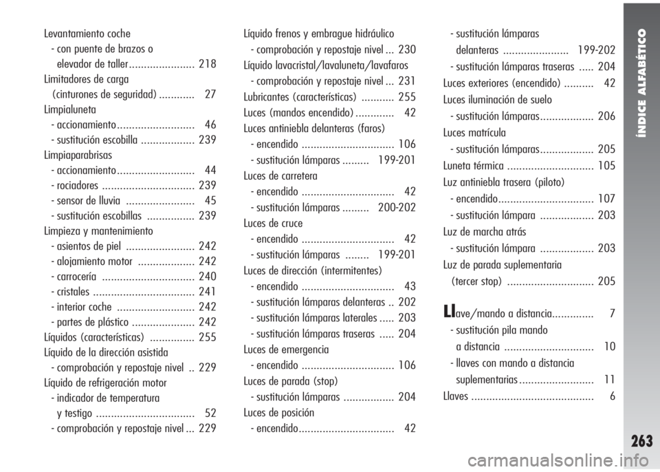 Alfa Romeo 147 2005  Manual de Empleo y Cuidado (in Spanish) ÍNDICE ALFABÉTICO
263
Levantamiento coche
- con puente de brazos o 
elevador de taller ...................... 218
Limitadores de carga 
(cinturones de seguridad) ............ 27
Limpialuneta
- accio