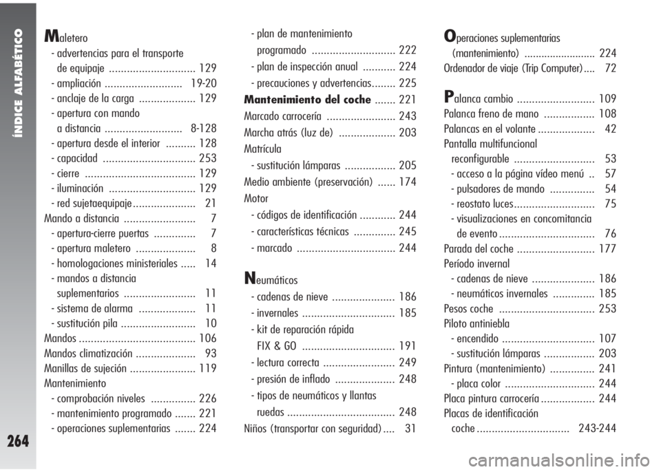 Alfa Romeo 147 2005  Manual de Empleo y Cuidado (in Spanish) ÍNDICE ALFABÉTICO
264
Maletero
- advertencias para el transporte 
de equipaje  ............................. 129
- ampliación .......................... 19-20
- anclaje de la carga  ...............