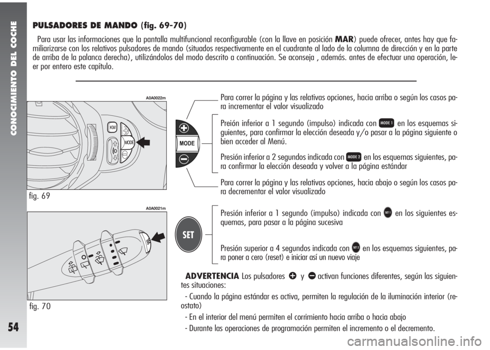 Alfa Romeo 147 2010 Manual de Empleo y Cuidado (in Spanish) CONOCIMIENTO DEL COCHE
54
PULSADORES DE MANDO (fig. 69-70)
Para usar las informaciones que la pantalla multifuncional reconfigurable (con la llave en posición MAR) puede ofrecer, antes hay que fa-
mi Alfa Romeo 147 2010 Manual de Empleo y Cuidado (in Spanish) CONOCIMIENTO DEL COCHE
54
PULSADORES DE MANDO (fig. 69-70)
Para usar las informaciones que la pantalla multifuncional reconfigurable (con la llave en posición MAR) puede ofrecer, antes hay que fa-
mi