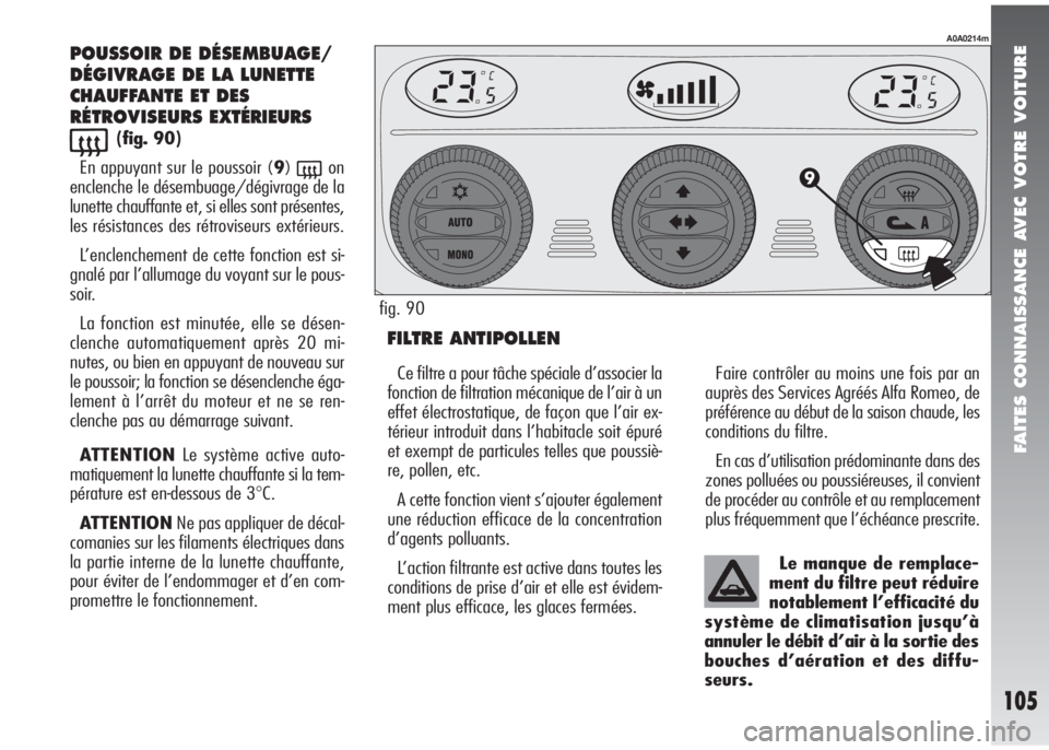 Alfa Romeo 147 2008  Notice dentretien (in French) FAITES CONNAISSANCE AVEC VOTRE VOITURE
105
POUSSOIR DE DÉSEMBUAGE/
DÉGIVRAGE DE LA LUNETTE
CHAUFFANTE ET DES
RÉTROVISEURSEXTÉRIEURS
((fig. 90)
En appuyant sur le poussoir (9)
(on
enclenche le dés