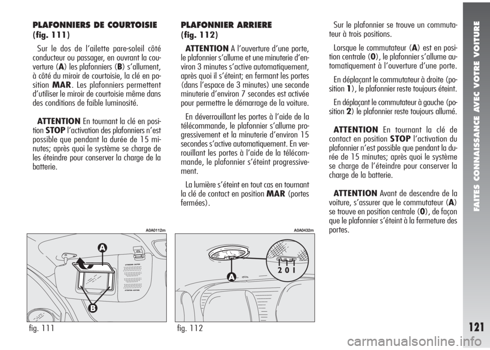 Alfa Romeo 147 2007 Notice dentretien (in French) FAITES CONNAISSANCE AVEC VOTRE VOITURE
121fig. 111
A0A0112m
fig. 112
A0A0432m
PLAFONNIERS DE COURTOISIE
(fig. 111)
Sur le dos de l’ailette pare-soleil côté
conducteur ou passager, en ouvrant la co Alfa Romeo 147 2007 Notice dentretien (in French) FAITES CONNAISSANCE AVEC VOTRE VOITURE
121fig. 111
A0A0112m
fig. 112
A0A0432m
PLAFONNIERS DE COURTOISIE
(fig. 111)
Sur le dos de l’ailette pare-soleil côté
conducteur ou passager, en ouvrant la co