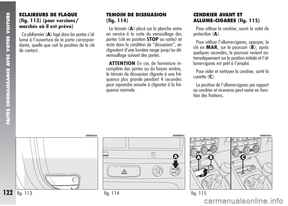 Alfa Romeo 147 2008  Notice dentretien (in French) FAITES CONNAISSANCE AVEC VOTRE VOITURE
122
ECLAIREURS DE FLAQUE
(fig. 113) (pour versions/
marchés où il est prévu)
Ce plafonnier (A) logé dans les portes s’al-
lume à l’ouverture de la porte