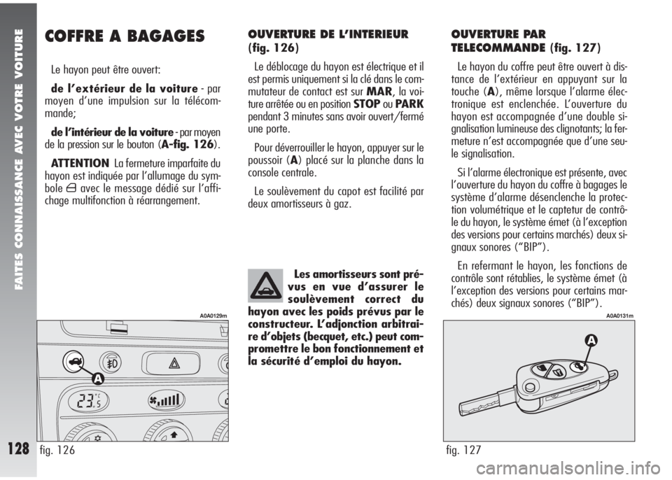 Alfa Romeo 147 2008  Notice dentretien (in French) FAITES CONNAISSANCE AVEC VOTRE VOITURE
128
OUVERTURE DE L’INTERIEUR 
(fig. 126)
Le déblocage du hayon est électrique et il
est permis uniquement si la clé dans le com-
mutateur de contact est sur