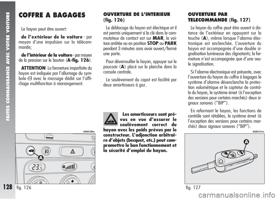 Alfa Romeo 147 2007 Notice dentretien (in French) FAITES CONNAISSANCE AVEC VOTRE VOITURE
128
OUVERTURE DE L’INTERIEUR
(fig. 126)
Le déblocage du hayon est électrique et il
est permis uniquement si la clé dans le com-
mutateur de contact est sur Alfa Romeo 147 2007 Notice dentretien (in French) FAITES CONNAISSANCE AVEC VOTRE VOITURE
128
OUVERTURE DE L’INTERIEUR
(fig. 126)
Le déblocage du hayon est électrique et il
est permis uniquement si la clé dans le com-
mutateur de contact est sur