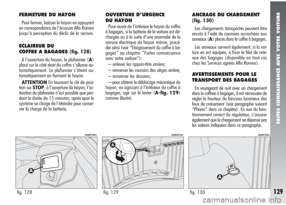 Alfa Romeo 147 2008  Notice dentretien (in French) FAITES CONNAISSANCE AVEC VOTRE VOITURE
129fig. 128
A0A0132m
FERMETURE DU HAYON
Pour fermer, baisser le hayon en appuyant
en correspondance de l’écusson Alfa Romeo
jusqu’à perception du déclic d