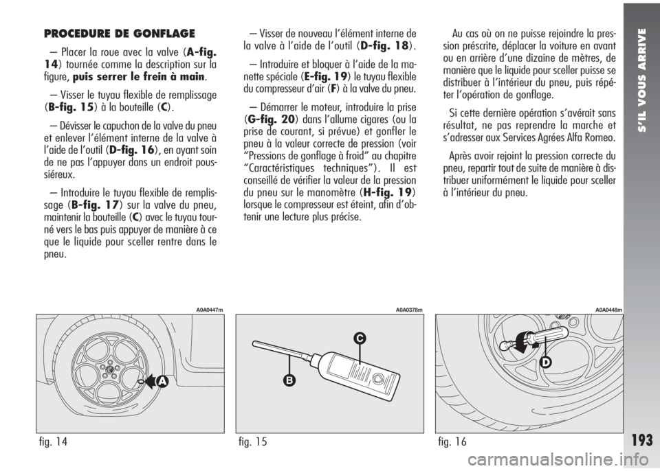Alfa Romeo 147 2007 Notice dentretien (in French) S’IL VOUS ARRIVE
193
PROCEDURE DE GONFLAGE
– Placer la roue avec la valve (A-fig.
14) tournée comme la description sur la
figure,puis serrer le frein à main.
– Visser le tuyau flexible de remp Alfa Romeo 147 2007 Notice dentretien (in French) S’IL VOUS ARRIVE
193
PROCEDURE DE GONFLAGE
– Placer la roue avec la valve (A-fig.
14) tournée comme la description sur la
figure,puis serrer le frein à main.
– Visser le tuyau flexible de remp