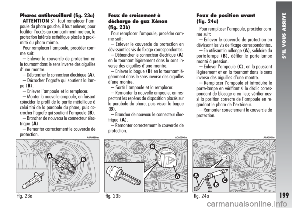 Alfa Romeo 147 2007 Notice dentretien (in French) S’IL VOUS ARRIVE
199
Phares antibrouillard(fig. 23a)
ATTENTIONS’il faut remplacer l'am-
poule du phare gauche, il faut enlever, pour
faciliter l’accès au compartiment moteur, la
protection Alfa Romeo 147 2007 Notice dentretien (in French) S’IL VOUS ARRIVE
199
Phares antibrouillard(fig. 23a)
ATTENTIONS’il faut remplacer l'am-
poule du phare gauche, il faut enlever, pour
faciliter l’accès au compartiment moteur, la
protection