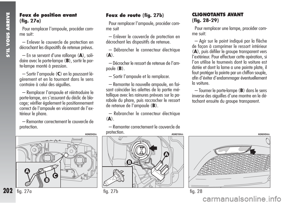 Alfa Romeo 147 2007 Notice dentretien (in French) S’IL VOUS ARRIVE
202
CLIGNOTANTS AVANT
(fig. 28-29)
Pour remplacer une lampe, procéder com-
me suit:
– Agir sur le point indiqué par la flèche
de façon à comprimer le ressort intérieur
(A), Alfa Romeo 147 2007 Notice dentretien (in French) S’IL VOUS ARRIVE
202
CLIGNOTANTS AVANT
(fig. 28-29)
Pour remplacer une lampe, procéder com-
me suit:
– Agir sur le point indiqué par la flèche
de façon à comprimer le ressort intérieur
(A),