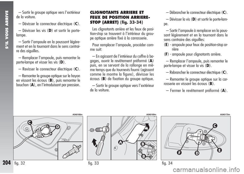 Alfa Romeo 147 2007 Notice dentretien (in French) S’IL VOUS ARRIVE
204
– Sortir le groupe optique vers l’extérieur
de la voiture.
– Dévisser le connecteur électrique (C).
– Dévisser les vis (D) et sortir le porte-
lampe.
– Sortir l’ Alfa Romeo 147 2007 Notice dentretien (in French) S’IL VOUS ARRIVE
204
– Sortir le groupe optique vers l’extérieur
de la voiture.
– Dévisser le connecteur électrique (C).
– Dévisser les vis (D) et sortir le porte-
lampe.
– Sortir l’