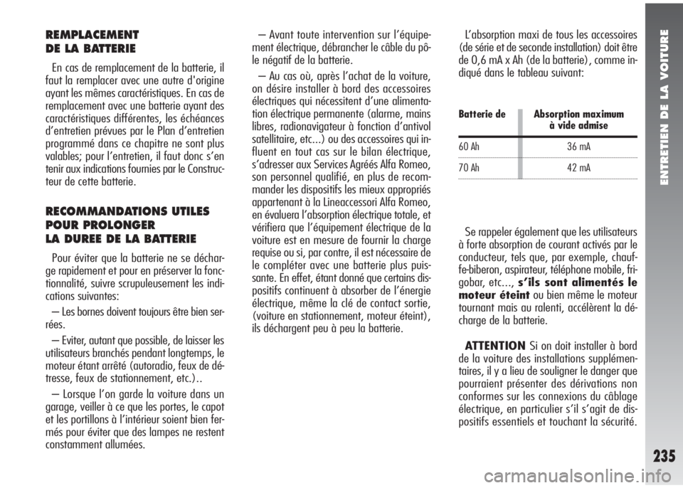 Alfa Romeo 147 2008  Notice dentretien (in French) ENTRETIEN DE LA VOITURE
235
Se rappeler également que les utilisateurs
à forte absorption de courant activés par le
conducteur, tels que, par exemple, chauf-
fe-biberon, aspirateur, téléphone mob